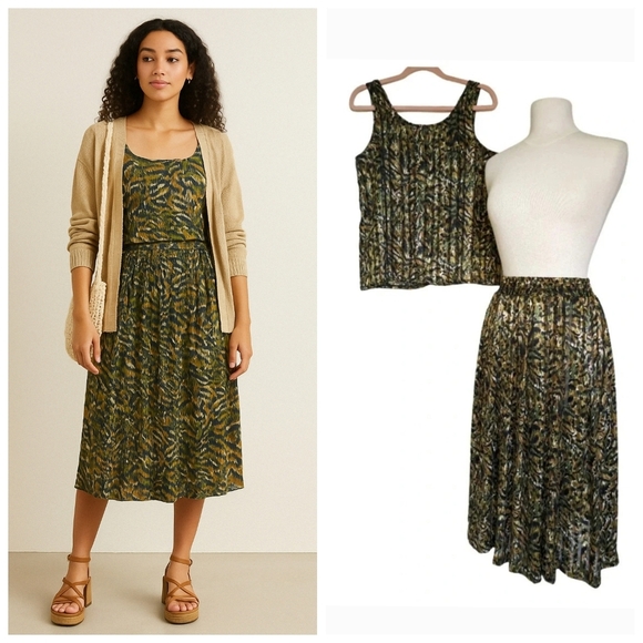 Vintage Pleated Set -  Skirt & Tank Set - Matching LINEA Metallic Animal Print - Picture 1 of 12
